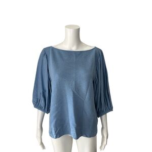 NWT $850 Escada Baby Blue Boat Neck Pleated Blouse Size 44/US 14